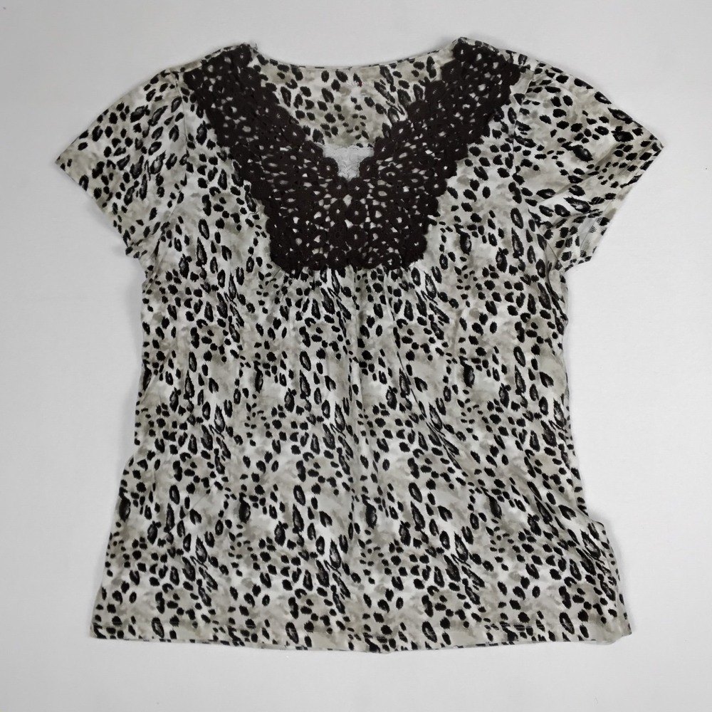 Style & Co Women Leopard Print Short Sleeve Crochet V-Neck Blouse Top Large